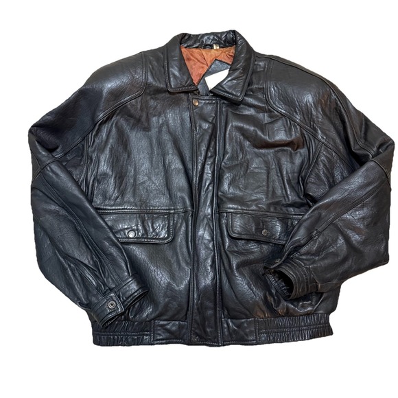 Vtg. Phase 2 Jacket Men's XL Black Leather Bomber Zip Pockets Flight Biker - Picture 2 of 15